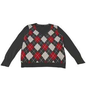Tommy Hilfiger Sweater Neutral Pullover Knit Diamond Print V-Neck Long Sleeve